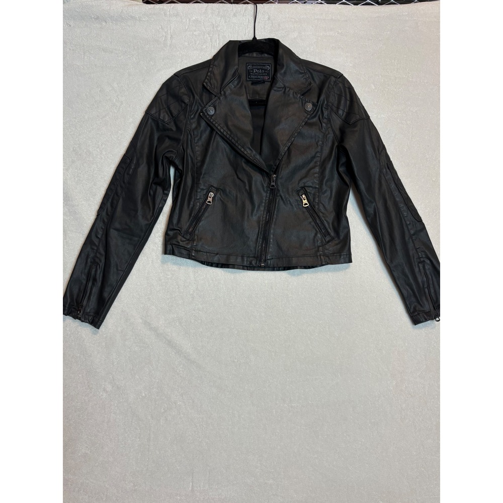 Polo Ralph Lauren Black Coated Moto Biker Jacket Girls Size 16 XL